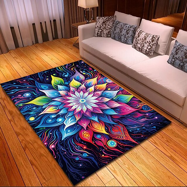 Blacklight Rug UV Reactive Glow in the Dark Area Rug Kitchen Mat Non-Slip Oil Proof Trippy Mandala Floor Mat Livingroom Rug Indoor Outdoor Mat Bedroom Decor Bathroom Mat Entrance Rug Door Mat