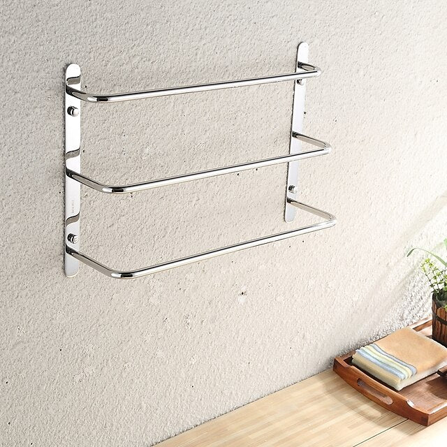 Multilayer Towel Rack Contemporary Stainless Steel Bathroom Shelf with 3-towel Bar Wall Mounted Polished Silvery 1PC 45CM