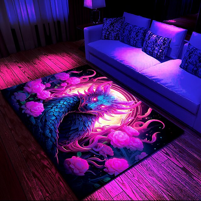 Blacklight Rug UV Reactive Glow in the Dark Area Rug Kitchen Mat Non-Slip Oil Proof Creepy Dragon Floor Mat Livingroom Rug Indoor Outdoor Mat Bedroom Decor Bathroom Mat Entrance Rug Door Mat