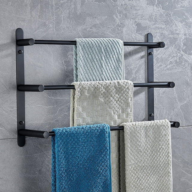 3-Tier Towel Towel Rail ,Wall Mounted Stainless Steel Towel Rack Storage Shelf for Bathroom 30cm~70cm Towel Bar Towel Rail Towel Hanger(Matte Black/Chrome)