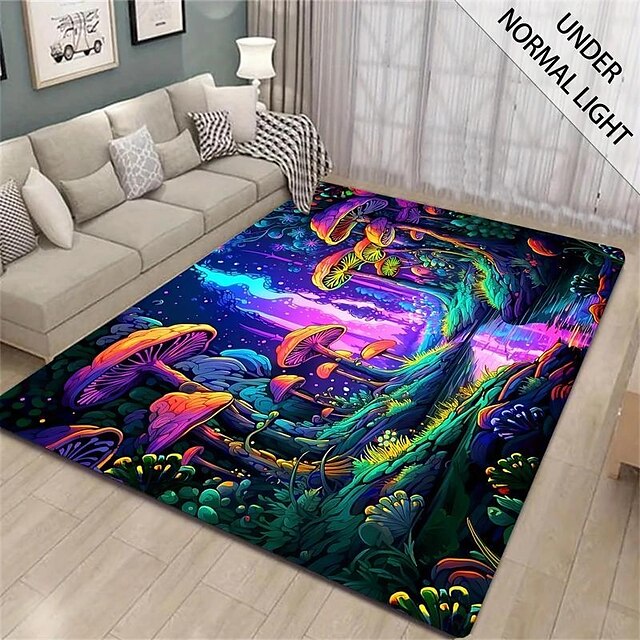 Mushroom Forest Blacklight Rug Carpet Floor Mat UV Reactive Glow in the Dark Rug Large Non-Slip Rug Mat Carpet for Room Decor