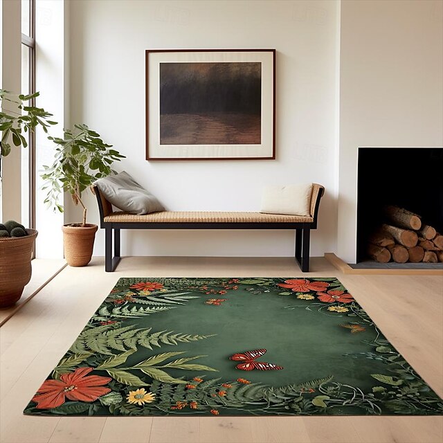 Green Butterfly Plant Area Rug Kitchen Mat Non-Slip Oil Proof Floor Mat Livingroom Rug Indoor Outdoor Mat Bedroom Decor Bathroom Mat Entrance Rug Door Mat