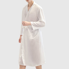 Men's Pajamas Robe Bathrobe Bath Robe Plain Stylish Casual Classic Home Waffle Fabric Comfort Breathable Soft V Neck Long Robe Pocket Spring Summer White Dark Blue