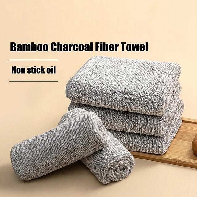 9Pcs Bamboo Charcoal Dishcloth Microfiber Kitchen Towel Thickened Absorbent Non-stick Oil Wiping Rag Home Cleaning Dishcloth