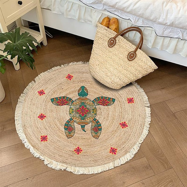 Hand Woven Cotton Linen Floor Mat Carpet Retro Bohemian Round Bedside Tassel Geometric Aubusson Doormat Area Rug Bedroom Decor Bathroom Mat Entrance Rug