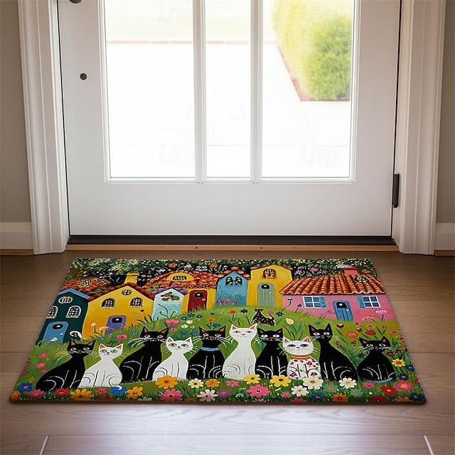 Folk Art Cats Doormat Kitchen Mat Floor Mat Non-Slip Area Rug Oil Proof Rug Indoor Outdoor Mat Bedroom Decor Bathroom Mat Entrance Entreyway Rug