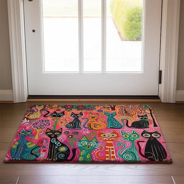 Folk Art Cats Doormat Kitchen Mat Floor Mat Non-Slip Area Rug Oil Proof Rug Indoor Outdoor Mat Bedroom Decor Bathroom Mat Entrance Entreyway Rug