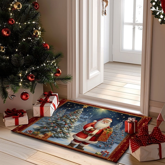 Christmas Decoration Doormat Xmas Santa Kitchen Mat Floor Mat Non-Slip Area Rug Oil Proof Rug Indoor Outdoor Mat Bedroom Decor Bathroom Mat Entrance Rug