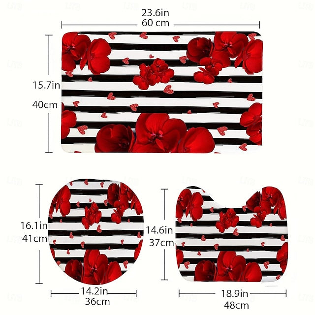 3pcs Romantic Valentine's Day love roses home bathroom floor mats Bath mat Snowman bathroom accessories rug Toilet mat Bathtub anti-slip carpet