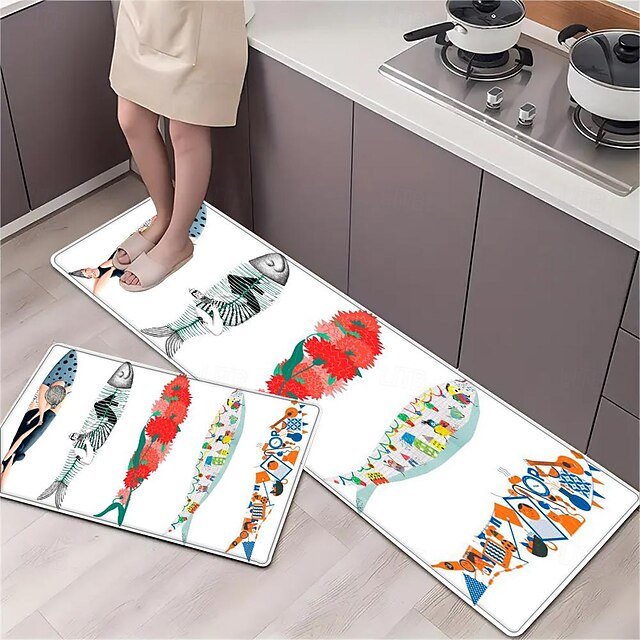 Area Rug Kitchen Rug Mat Non-Slip Oil Proof Floor Mat Livingroom Rug Indoor Outdoor Mat Bedroom Decor Bathroom Mat Entrance Rug Door Mat Summer Fishes