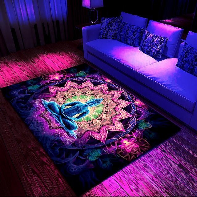 Blacklight Rug UV Reactive Glow in the Dark Area Rug Kitchen Mat Non-Slip Oil Proof Trippy Buddha Floor Mat Livingroom Rug Indoor Outdoor Mat Bedroom Decor Bathroom Mat Entrance Rug Door Mat