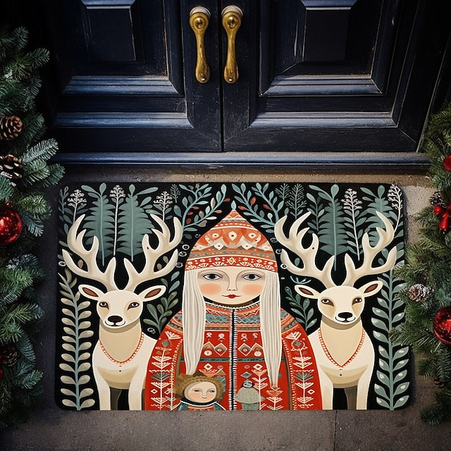 Reindeers Doormat Floor Mats Washable Rugs Kitchen Mat Scandinavian Folk Art Non-Slip Oil Proof Rug Indoor Outdoor Mat Bedroom Decor Bathroom Mat Entrance Rug