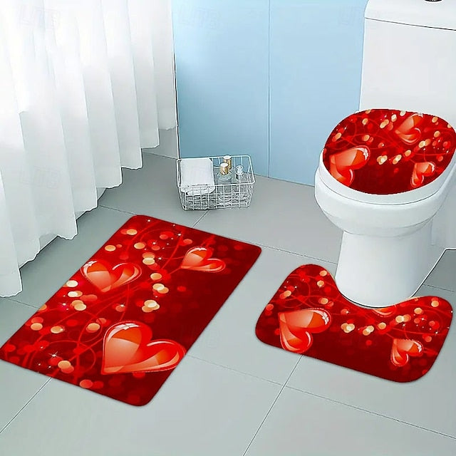 3pcs Romantic Valentine's Day love roses home bathroom floor mats Bath mat Snowman bathroom accessories rug Toilet mat Bathtub anti-slip carpet