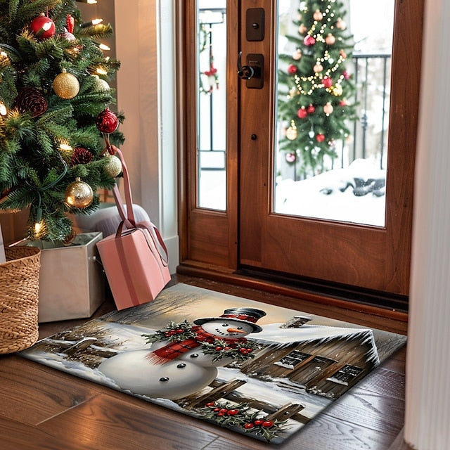 Christmas Decoration Doormat Xmas Snowman Couple Kitchen Mat Floor Mat Non-Slip Area Rug Oil Proof Rug Indoor Outdoor Mat Bedroom Decor Bathroom Mat Entrance Rug