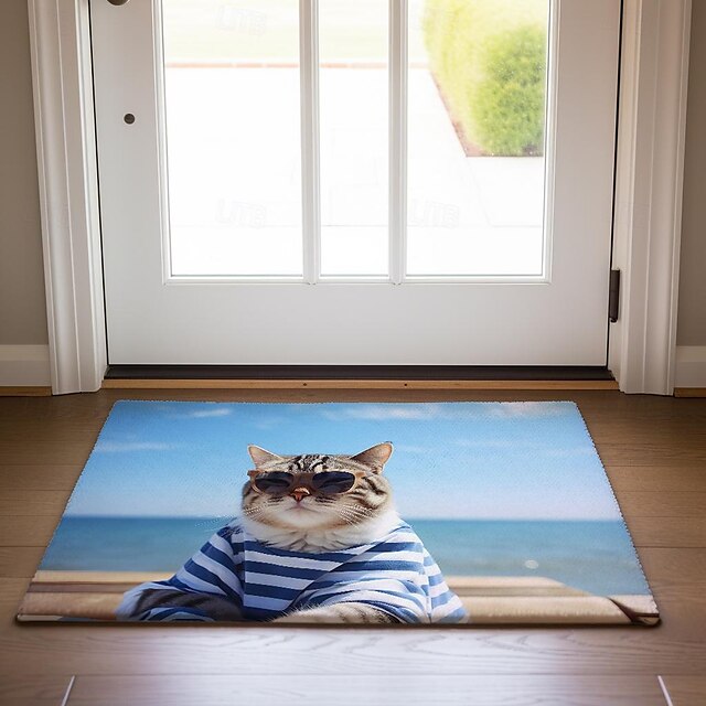 Beach Sunshine Cat Doormat Floor Mats Washable Rugs Kitchen Mat Non-Slip Oil Proof Rug Indoor Outdoor Mat Bedroom Decor Bathroom Mat Entrance Rug