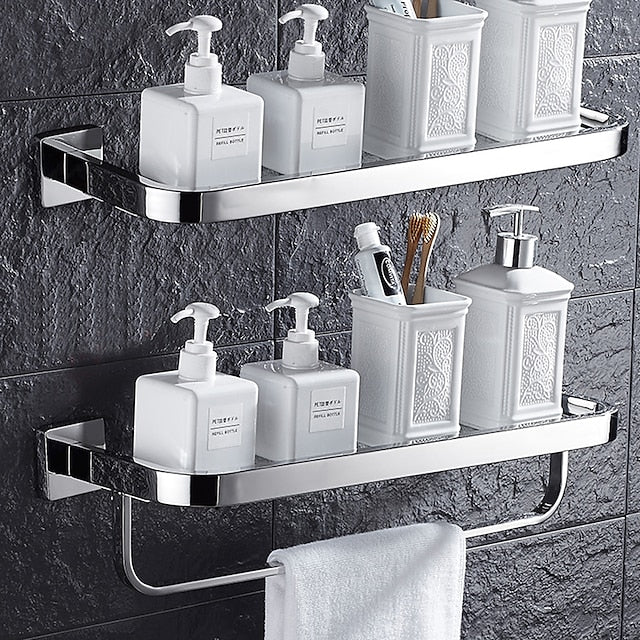 Shower Caddy Modern Bath Multifunctional Storage Rack With Towel Bar Stainless Steel Thickened Towel Rack Bathroom Tempered Glass Cosmetics Bathroom Supplies Storage Rack