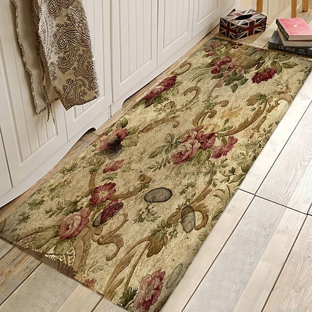 Floral Plant Area Rug Kitchen Mat Non-Slip Oil Proof Floor Mat Rug Indoor Outdoor Mat Bedroom Decor Bathroom Mat Entrance Rug Door Mat