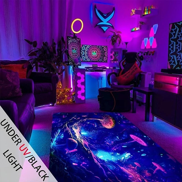 Mushroom Landscape Blacklight Rug Carpet Floor Mat UV Reactive Glow in the Dark Rug Large Non-Slip Rug Mat Carpet for Room Decor