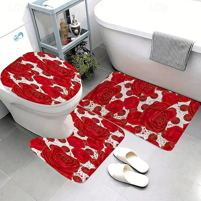 3pcs Romantic Valentine's Day love roses home bathroom floor mats Bath mat Snowman bathroom accessories rug Toilet mat Bathtub anti-slip carpet