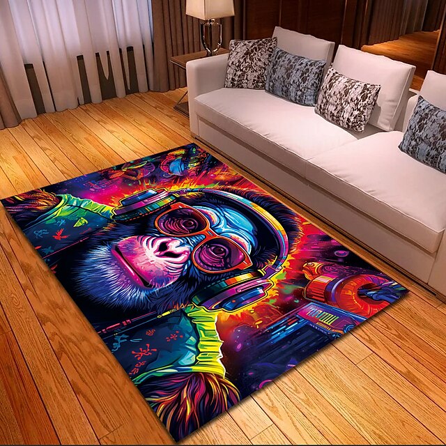 Blacklight Rug UV Reactive Glow in the Dark Area Rug Kitchen Mat Non-Slip Oil Proof Chimpanzees DJ Floor Mat Livingroom Rug Indoor Outdoor Mat Bedroom Decor Bathroom Mat Entrance Rug Door Mat