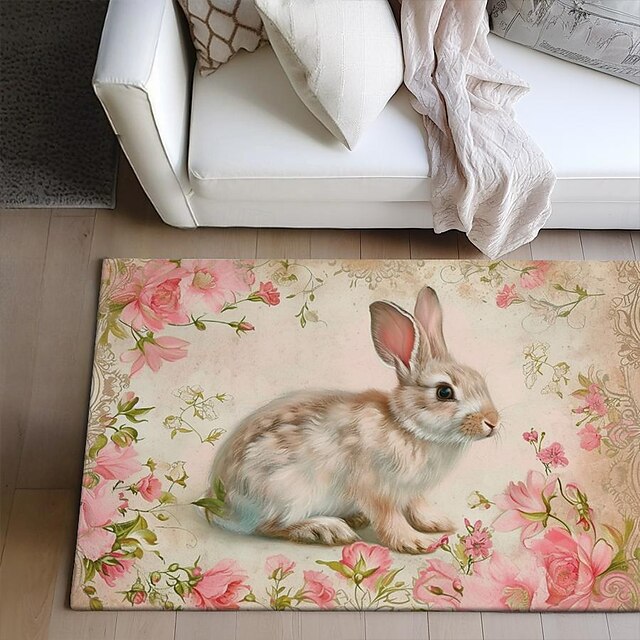 Forest Easter Bunny Area Rug Kitchen Mat Non-Slip Oil Proof Floor Mat Livingroom Rug Indoor Outdoor Mat Bedroom Decor Bathroom Mat Entrance Rug Door Mat