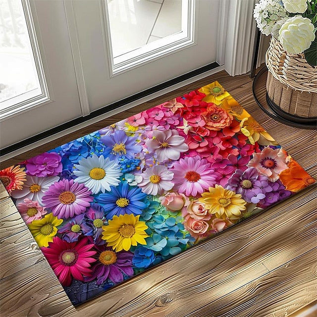 Valentine's Day Rainbow Flowers Doormat Non-Slip Oil Proof Rug Indoor Outdoor Mat Bedroom Decor Bathroom Mat Entrance Rug Door Mat