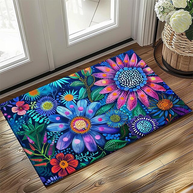 Pointillism Flowers Doormat Floor Mats Washable Rugs Kitchen Mat Non-Slip Oil Proof Rug Indoor Outdoor Mat Bedroom Decor Bathroom Mat Entrance Rug