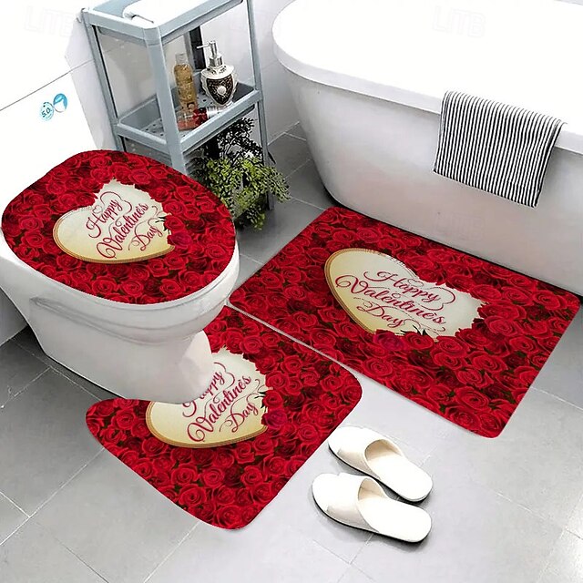 3pcs Romantic Valentine's Day love roses home bathroom floor mats Bath mat Snowman bathroom accessories rug Toilet mat Bathtub anti-slip carpet