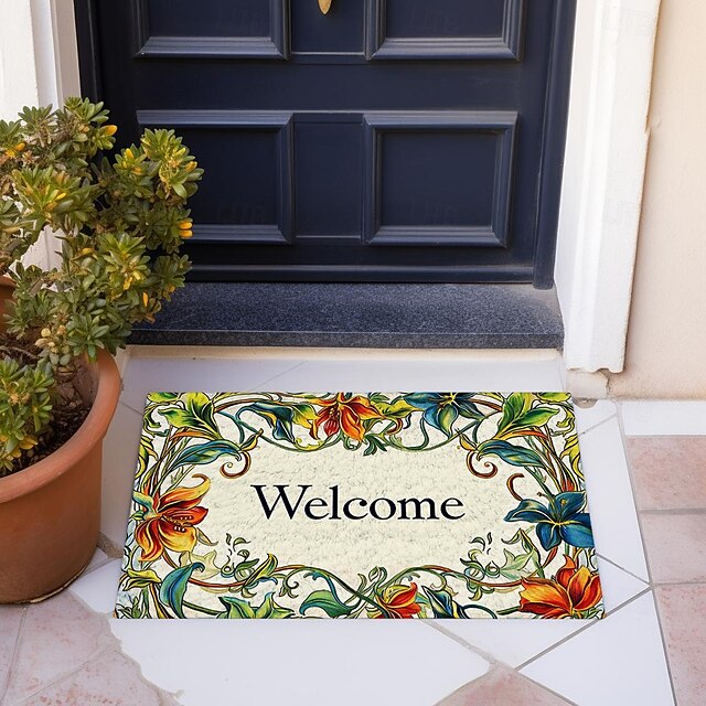 Welcome Floral Doormat Floor Mats Washable Rugs Kitchen Mat Non-Slip Oil Proof Rug Indoor Outdoor Mat Bedroom Decor Bathroom Mat Entrance Rug