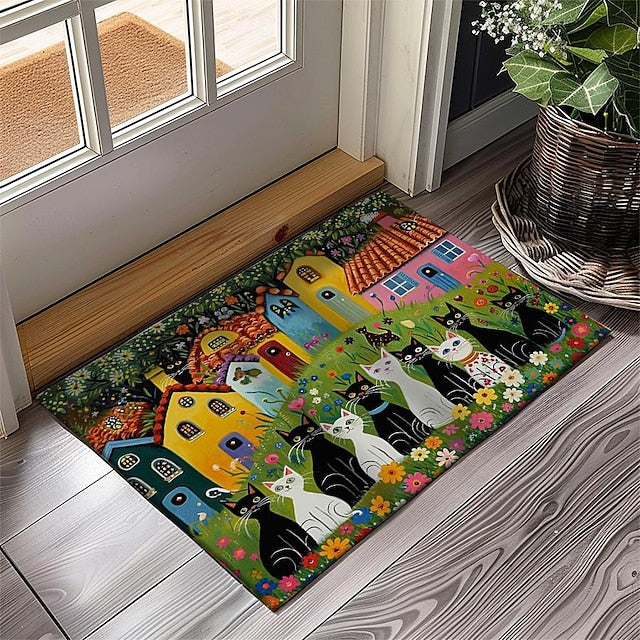 Folk Art Cats Doormat Kitchen Mat Floor Mat Non-Slip Area Rug Oil Proof Rug Indoor Outdoor Mat Bedroom Decor Bathroom Mat Entrance Entreyway Rug