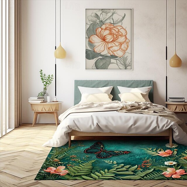 Green Butterfly Plant Area Rug Kitchen Mat Non-Slip Oil Proof Floor Mat Livingroom Rug Indoor Outdoor Mat Bedroom Decor Bathroom Mat Entrance Rug Door Mat