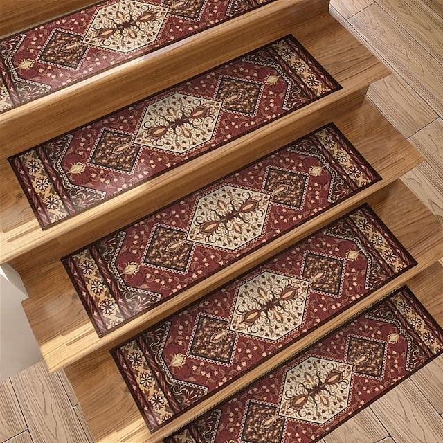 Step Carpet Boho Style Non-Slip Carpet Stair Treads for Kids Elders and Pets Ethnic Design Stair Tread Mats