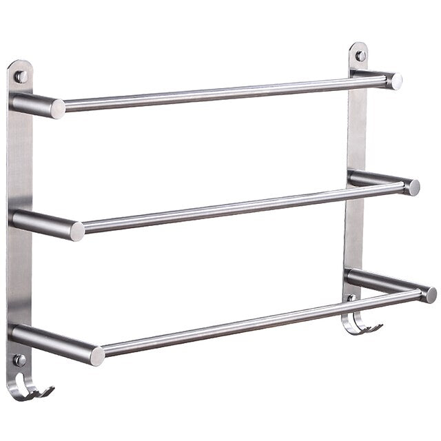 3-Tier Towel Rail with Hooks for Bathroom Wall Mounted Stainless Steel Towel Bar Brushed Nickel Towel Rack Rustproof Towel Bar 40/50/60CM(Silvery)