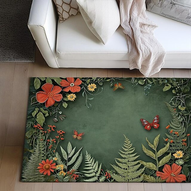 Green Butterfly Plant Area Rug Kitchen Mat Non-Slip Oil Proof Floor Mat Livingroom Rug Indoor Outdoor Mat Bedroom Decor Bathroom Mat Entrance Rug Door Mat