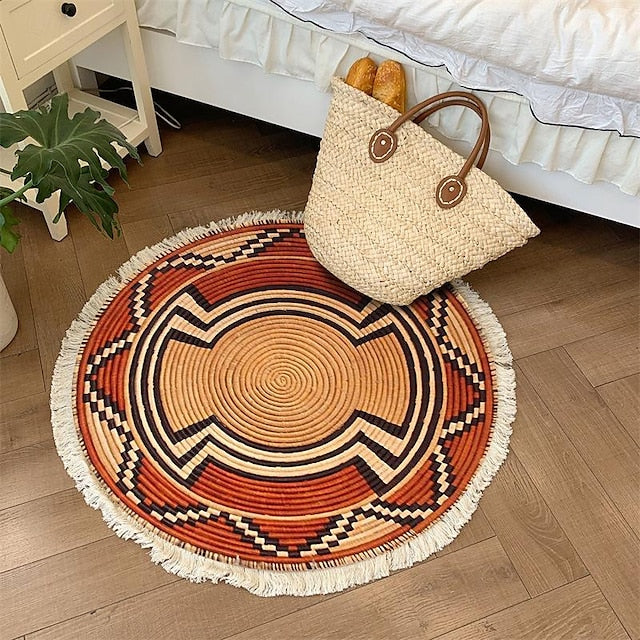 Hand Woven Cotton Linen Floor Mat Carpet Retro Bohemian Round Bedside Tassel Geometric Aubusson Doormat Area Rug Bedroom Decor Bathroom Mat Entrance Rug