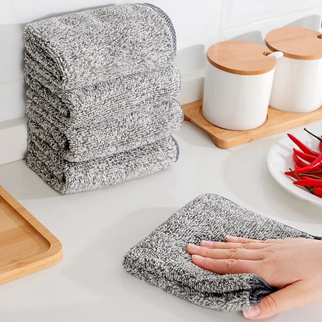 9Pcs Bamboo Charcoal Dishcloth Microfiber Kitchen Towel Thickened Absorbent Non-stick Oil Wiping Rag Home Cleaning Dishcloth