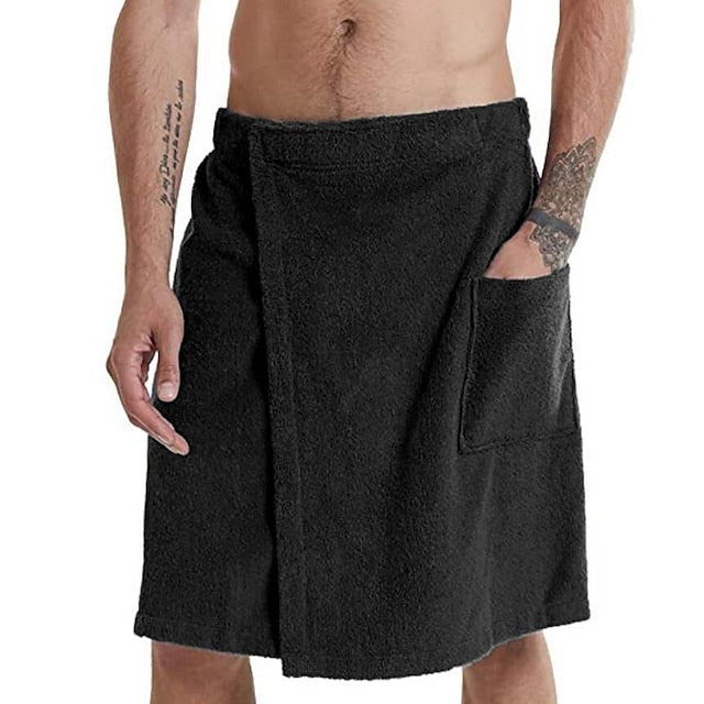 Mens Coral Fleece Bath Towel Wrap Towelling Bath Robes Bath Skirt with Pocket for Bath Fitness Travel Beach Swimming Surfing