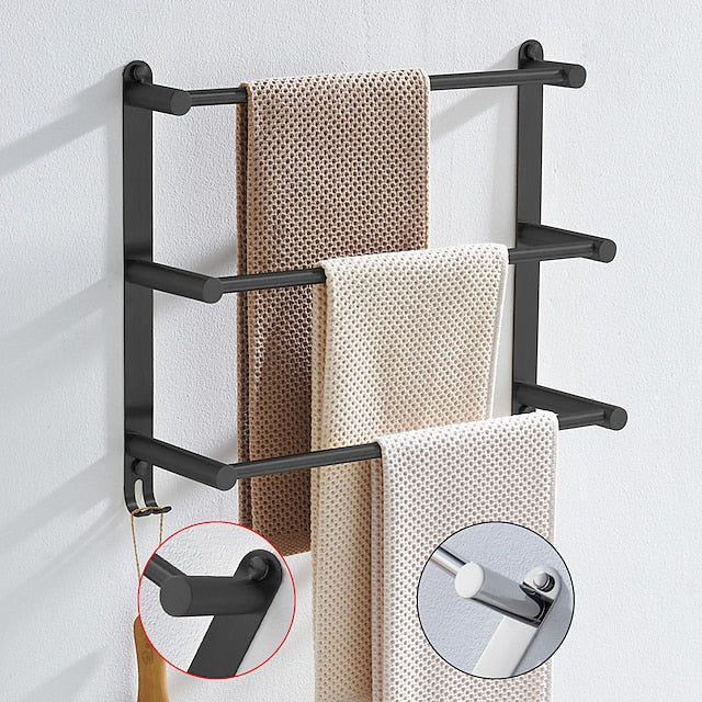 3-Tier Towel Towel Rail ,Wall Mounted Stainless Steel Towel Rack Storage Shelf for Bathroom 30cm~70cm Towel Bar Towel Rail Towel Hanger(Matte Black/Chrome)