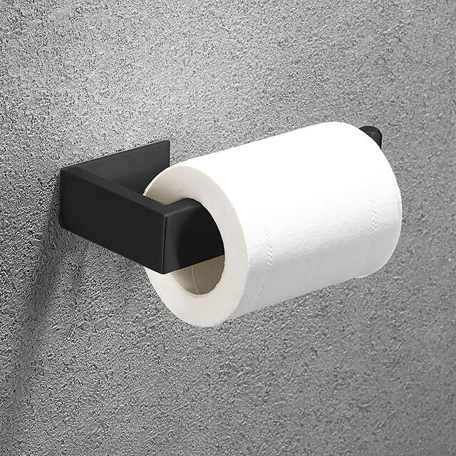 Bathroom Accessory Set, Self-adhesive Matte Black Stainless Steel Hardware Include Robe Hook, Towel Bar, Towel Holder, Toilet Paper Holder,for Home and Hotel