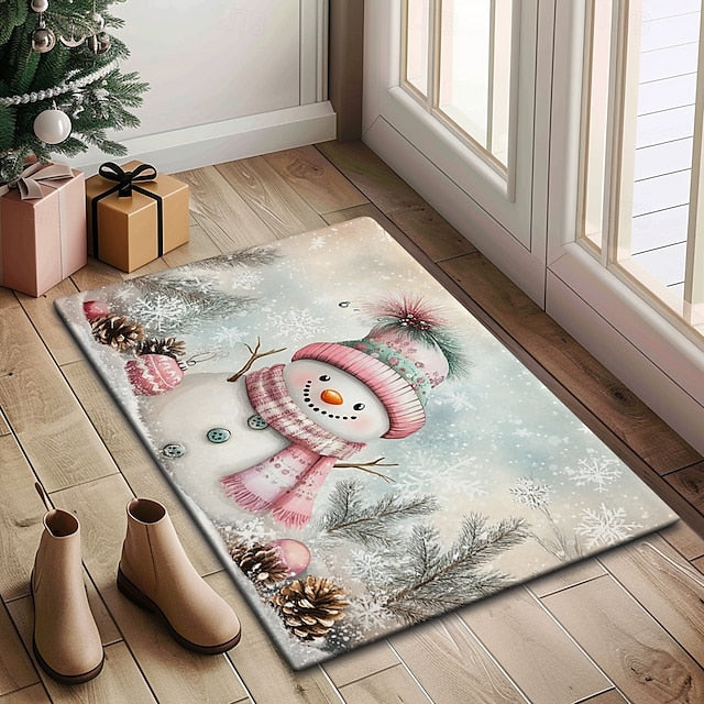 Christmas Decoration Doormat Xmas Snowman Couple Kitchen Mat Floor Mat Non-Slip Area Rug Oil Proof Rug Indoor Outdoor Mat Bedroom Decor Bathroom Mat Entrance Rug