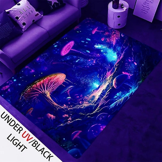 Mushroom Landscape Blacklight Rug Carpet Floor Mat UV Reactive Glow in the Dark Rug Large Non-Slip Rug Mat Carpet for Room Decor