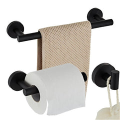 Towel Rack Set Stainless Steel Material Include Bathroom Single Towel Rod Toilet Paper Holder and Robe Hook Black 3pcs