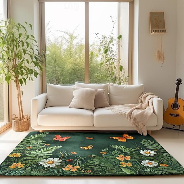 Green Butterfly Plant Area Rug Kitchen Mat Non-Slip Oil Proof Floor Mat Livingroom Rug Indoor Outdoor Mat Bedroom Decor Bathroom Mat Entrance Rug Door Mat