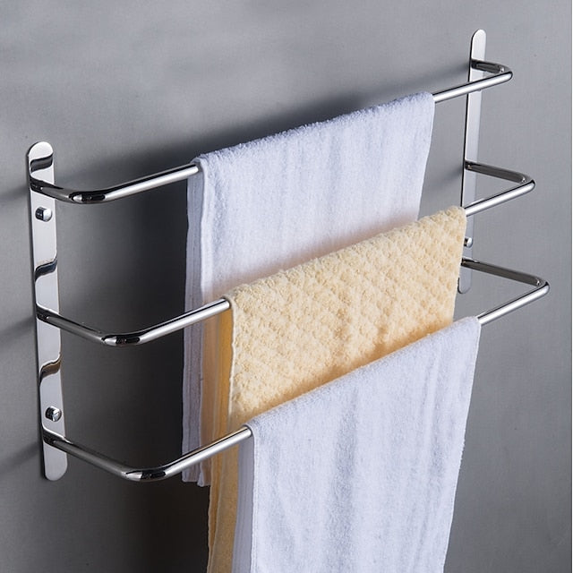 Multilayer Towel Rack Contemporary Stainless Steel Bathroom Shelf with 3-towel Bar Wall Mounted Polished Silvery 1PC 45CM