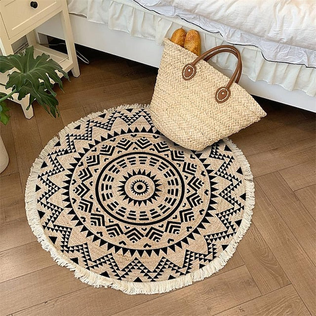 Hand Woven Cotton Linen Floor Mat Carpet Retro Bohemian Round Bedside Tassel Geometric Aubusson Doormat Area Rug Bedroom Decor Bathroom Mat Entrance Rug