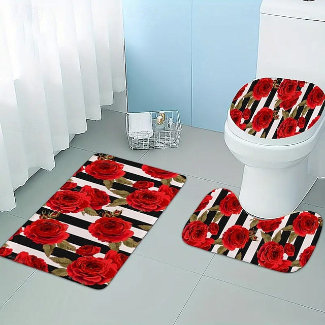 3pcs Romantic Valentine's Day love roses home bathroom floor mats Bath mat Snowman bathroom accessories rug Toilet mat Bathtub anti-slip carpet