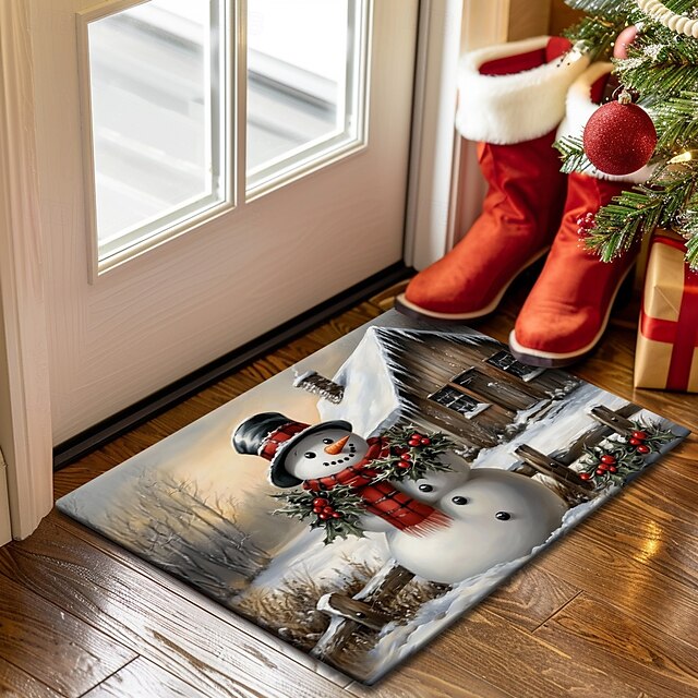 Christmas Decoration Doormat Xmas Snowman Couple Kitchen Mat Floor Mat Non-Slip Area Rug Oil Proof Rug Indoor Outdoor Mat Bedroom Decor Bathroom Mat Entrance Rug