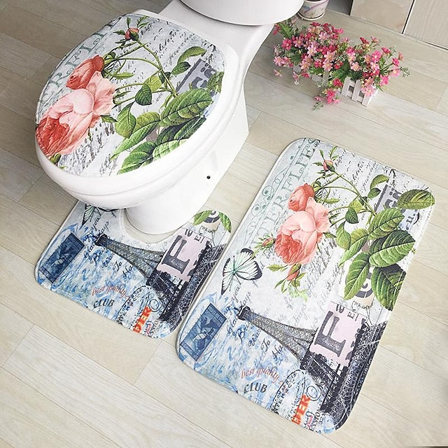 3Pcs/Set Bathroom Non-Slip Pedestal Rug + Lid Toilet Cover + Bath Mat Washable