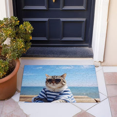 Beach Sunshine Cat Doormat Floor Mats Washable Rugs Kitchen Mat Non-Slip Oil Proof Rug Indoor Outdoor Mat Bedroom Decor Bathroom Mat Entrance Rug