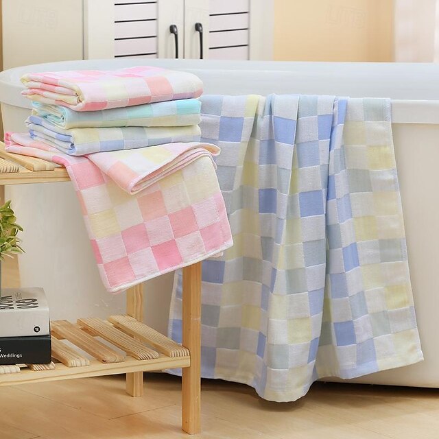 Cotton Gauze Bath Towel Double Hug Quilt Color Checkered Beach Towel Cotton Bath Towel